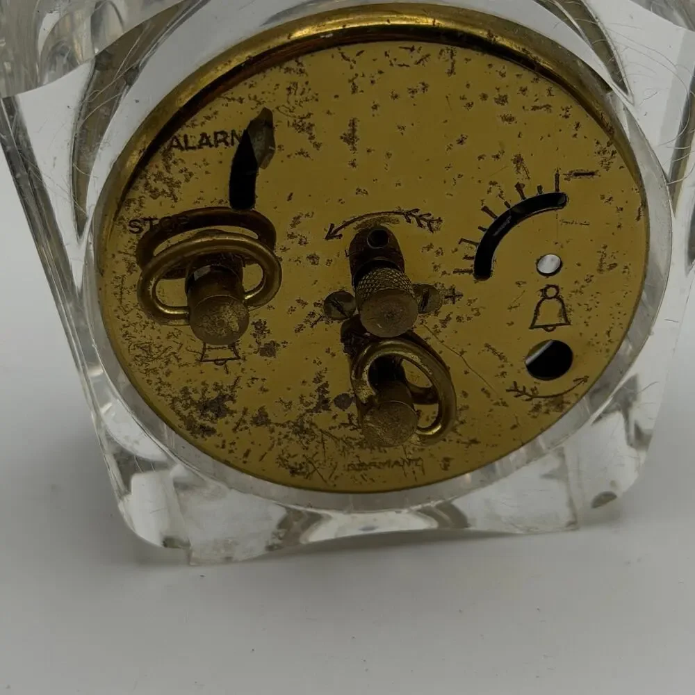 Waltham Alarm Clock Mechanical Clear Lucite Case Brass Germany Parts Display
